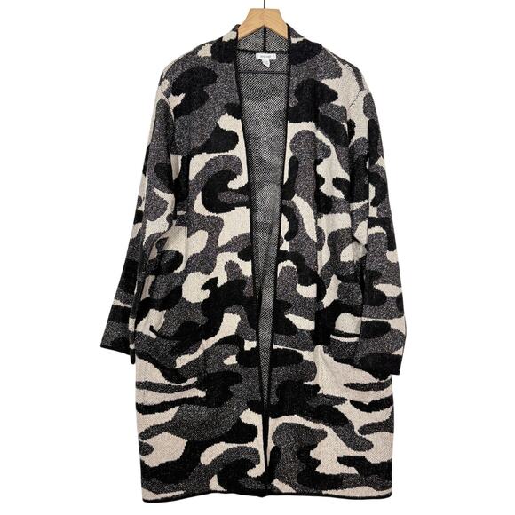 Nine West Duster Cardigan Plus Size 3X Black Silver Metallic Camo Open Front - Picture 2 of 11